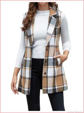 Plaid Wool Vest Sleeveless Blazer Jacket Notch Lapel Pockets Tweed